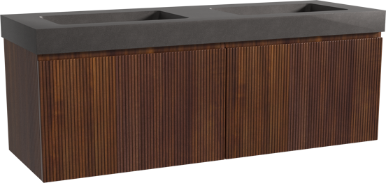 Storke Ribs zwevend badmeubel 150 x 52 cm notenhout met Scuro High dubbele wastafel in kwarts mat zwart, Verticale symmetrische rechte ribbel