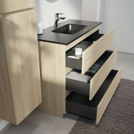 Linie Lado staand badmeubel 100 x 46 cm wit eiken met Baro enkele wastafel in porselein mat zwart