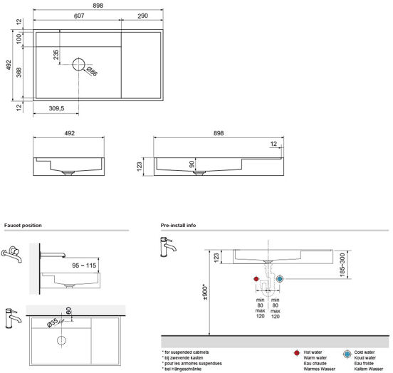 Balmani Cubo asymmetrisch linkse wastafel matte Solid Surface 90 x 49 cm