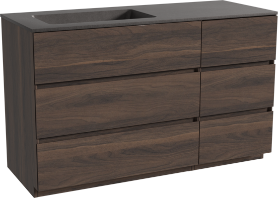 Storke Edge staand badkamermeubel 130 x 52 cm notelaar met Scuro asymmetrisch linkse wastafel in kwarts mat zwart