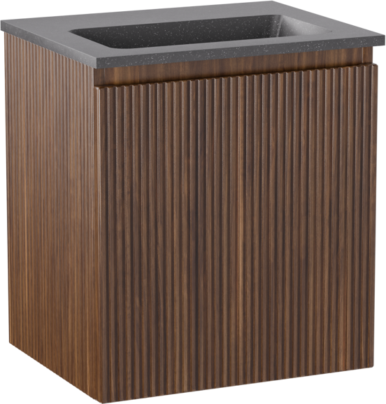 Storke Ribs meuble salle de bains suspendu 45 x 35 cm noyer avec Scuro plan simple en Quartz noir mat