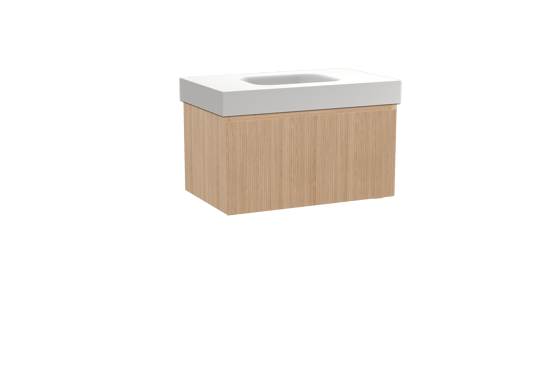 Balmani Fila hängendes Möbelstück Set: 90 x 55 cm, Naturbelassene Eiche, mit Arcato Einzelwaschtisch, Solid Surface, Weiß matt, Vertikale symmetrische gerade Rippe