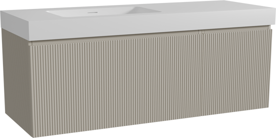 Storke Ribs meuble salle de bains suspendu 140 x 52 cm soie grise avec Mata High plan vasque asymétrique à gauche en solid surface blanc mat, Nervure droite symétrique verticale
