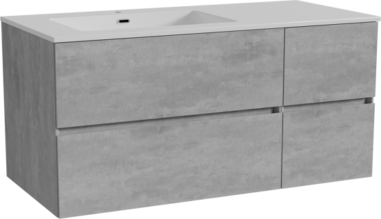 Storke Edge meuble salle de bains suspendu 110 x 52 cm béton gris foncé avec Diva plan vasque asymétrique à gauche en marbre composite blanc brillant