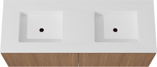 Balmani Eclips zwevend badkamermeubel 150 x 55 cm Teak met Tablo Stretto dubbele wastafel in Solid Surface mat wit, Verticale symmetrische rechte ribbel