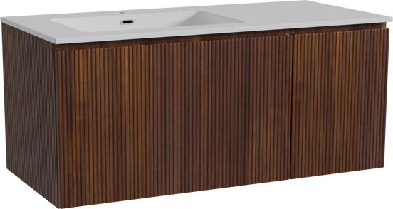 Storke Ribs meuble salle de bains suspendu 110 x 52 cm noyer avec Diva vasque asymétrique gauche en marbre composite blanc brillant, Nervure droite symétrique verticale