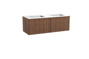 Balmani Forma meuble salle de bains suspendu 135 x 55 cm noyer américain avec Tablo Stretto double vasque en solid surface blanc mat, Nervure circulaire asymétrique verticale