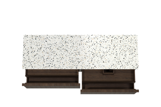 Balmani Forma hängendes Möbelstück Set: 180 x 55 cm, Geräucherte Eiche, mit Stretto Einzel- oder Doppel Waschtischplatte, Terrazzo in Weiß/Schwarz matt, Vertikale symmetrische gerade Rippe
