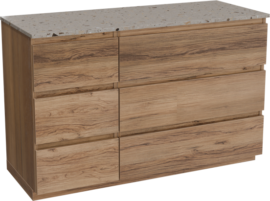 Balmani Lucida staand badkamermeubel 135 x 55 cm teak met Stretto enkel of dubbel tablet in terrazzo greige terrazzo