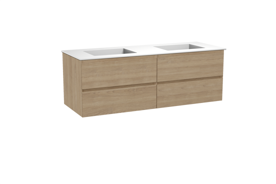 Balmani Mitra meuble salle de bains suspendu 150 x 55 cm chêne naturel avec Tablo Stretto double vasque en solid surface blanc mat
