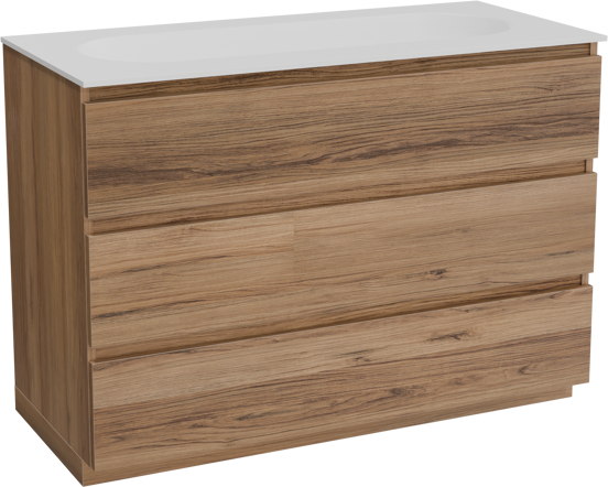 Balmani Lucida meuble salle de bains à poser 120 x 55 cm teck avec Tablo Oval lavabo simple pour 2 trous de robinet en solid surface blanc mat