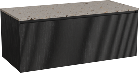 Balmani Fila zwevend badkamermeubel 120 x 55 cm zwarte eik met Stretto enkel of dubbel tablet in terrazzo greige terrazzo, Verticale symmetrische rechte ribbel
