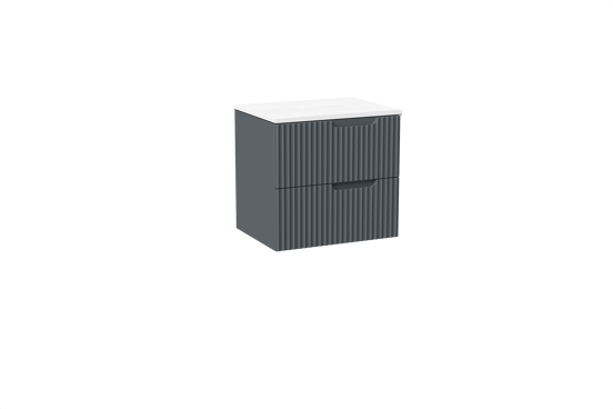 Linie Ribbo meuble salle de bains suspendu 60 x 46 cm bleu anthracite avec Lado tablette simple en marbre composite blanc mat, Nervure circulaire symétrique verticale