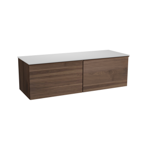 Balmani Forma zwevend badkamermeubel 150 x 55 cm amerikaanse notelaar met Stretto enkel of dubbel tablet in solid surface mat wit, Horizontale symmetrische rechte ribbel
