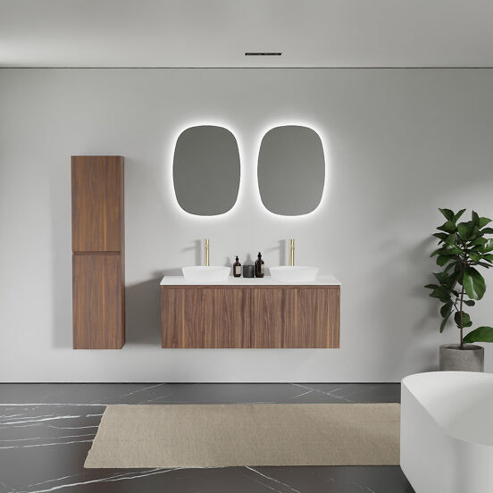 Balmani Sfera zwevend badmeubel 135 x 55 cm amerikaans notenhout met Stretto enkel of dubbel wastafelblad in solid surface mat wit