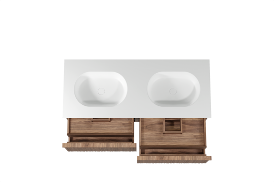 Balmani Forma meuble salle de bains suspendu 135 x 55 cm noyer américain avec Tablo Oval double vasque en solid surface blanc mat, Nervure circulaire asymétrique verticale