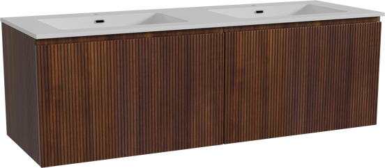 Storke Ribs meuble salle de bains suspendu 150 x 52 cm noyer avec Diva double vasque en marbre composite blanc brillant, Nervure droite symétrique verticale