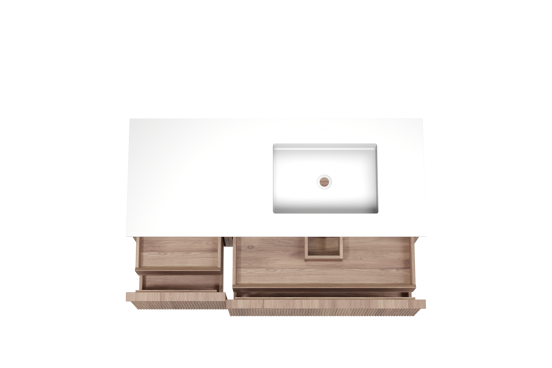 Balmani Forma meuble salle de bains suspendu 135 x 55 cm teck avec Tablo Stretto vasque asymétrique droite en solid surface blanc mat, Nervure droite symétrique verticale