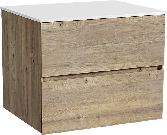 Storke Edge zwevend badmeubel 65 x 52 cm ruw eiken met Tavola enkel wastafelblad in solid surface mat wit