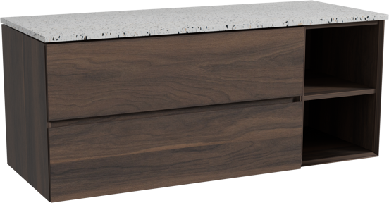 Storke Edge meuble salle de bains suspendu 130 x 52 cm noyer avec Tavola tablette simple ou double en blanc/noir mat terrazzo