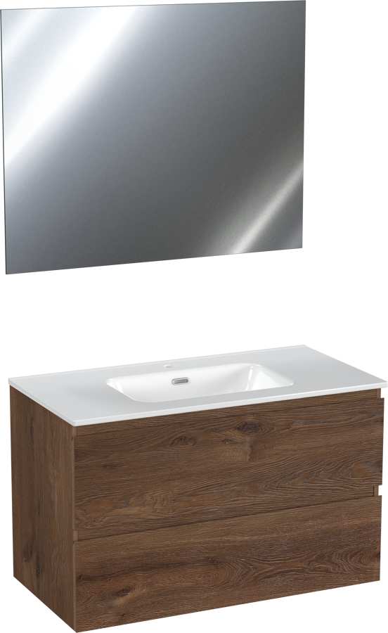 Linie Lado meuble de salle de bains suspendu 90 x 46 cm chêne brun avec Baro plan simple en porcelaine blanc brillant et Vista miroir