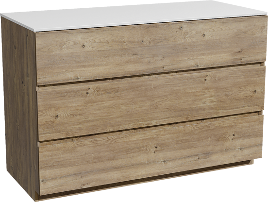 Storke Edge staand badkamermeubel 120 x 52 cm ruwe eik met Tavola enkel of dubbel tablet in solid surface mat wit
