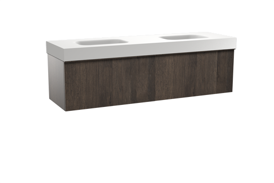 Balmani Forma hängendes Möbelstück Set: 180 x 55 cm, Geräucherte Eiche, mit Arcato Doppelwaschtisch, Solid Surface, Weiß matt, Vertikale symmetrische gerade Rippe