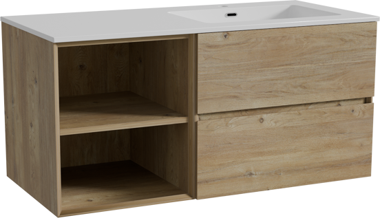 Storke Edge zwevend badmeubel 110 x 52 cm ruw eiken met Diva asymmetrisch rechtse wastafel in composietmarmer hoogglans wit