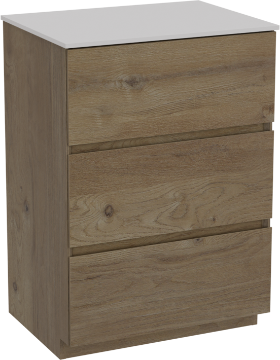 Storke Edge freistehendes Möbelstück Set: 60 x 46 cm, Rohe Eiche, mit Tavola Einzel Waschtischplatte, Solid Surface Weiß matt
