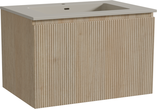 Storke Ribs zwevend badkamermeubel 75 x 52 cm ruwe eik met Diva enkele wastafel in top solid zijdegrijs, Verticale symmetrische rechte ribbel