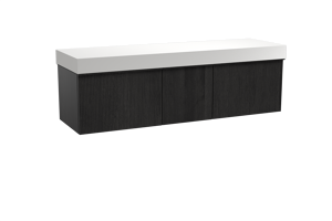 Balmani Forma zwevend badkamermeubel 180 x 55 cm zwarte eik met Dominus enkel of dubbel tablet in solid surface mat wit, Verticale symmetrische rechte ribbel