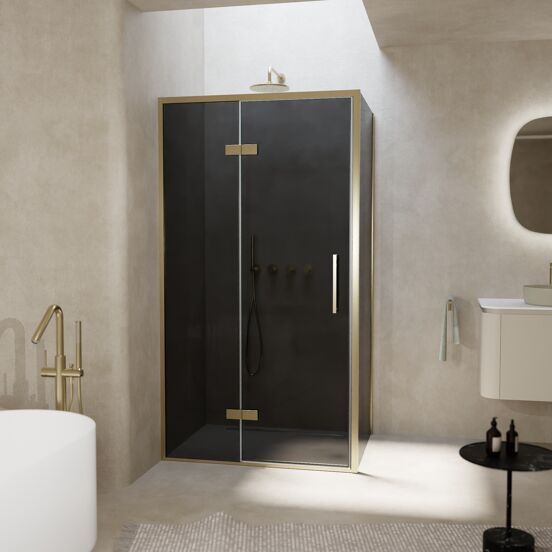 Balmani Senses Design douchehoek met linkse draaideur en vaste zijwand, 100 x 100 cm, Rookglas, Brushed Champagne Gold profielen, met coating