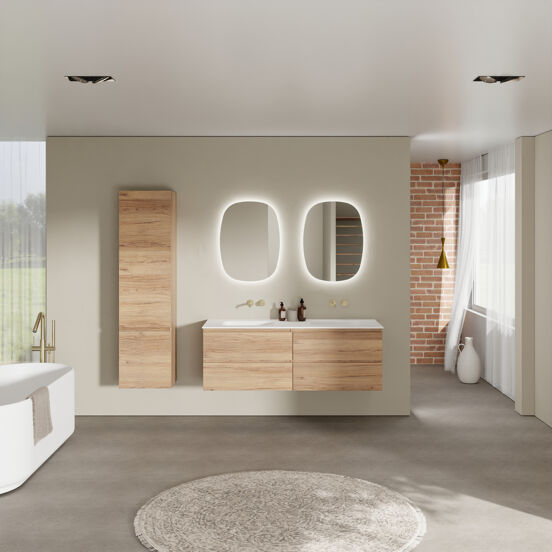 Balmani Lucida meuble salle de bains suspendu 150 x 55 cm teck avec Tablo Arcato double vasque en solid surface blanc mat