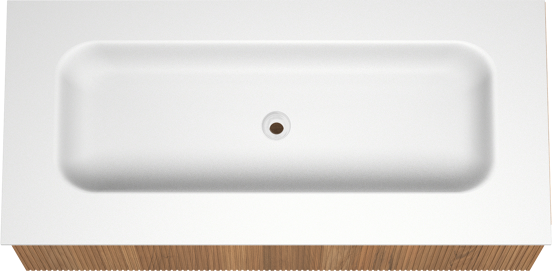 Balmani Forma zwevend badmeubel 120 x 55 cm teakhout met Tablo Arcato enkele wastafel voor 2 kraangaten in solid surface mat wit, Verticale symmetrische rechte ribbel