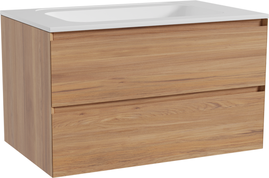Balmani Mitra hängendes Möbelstück Set: 90 x 55 cm, Teak, mit Tablo Strada Einzelwaschtisch, Marmorkomposit Weiß glänzend