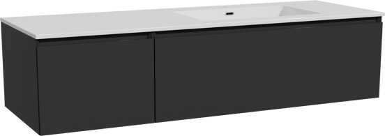 Storke Edge meuble salle de bains suspendu 150 x 52 cm noir mat avec Diva plan vasque asymétrique à droite en marbre composite blanc brillant