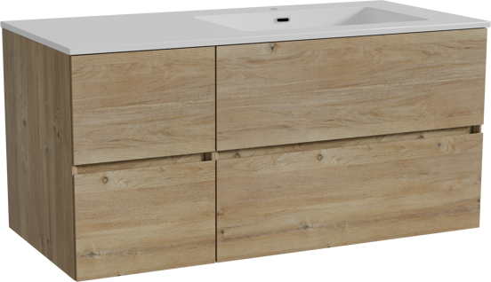 Storke Edge zwevend badmeubel 110 x 52 cm ruw eiken met Diva asymmetrisch rechtse wastafel in composietmarmer hoogglans wit