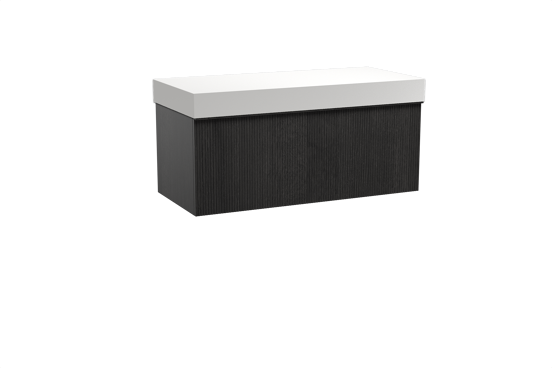 Balmani Forma hängendes Möbelstück Set: 120 x 55 cm, Schwarze Eiche, mit Dominus Einzel- oder Doppel Waschtischplatte, Solid Surface, Weiß matt, Vertikale symmetrische gerade Rippe