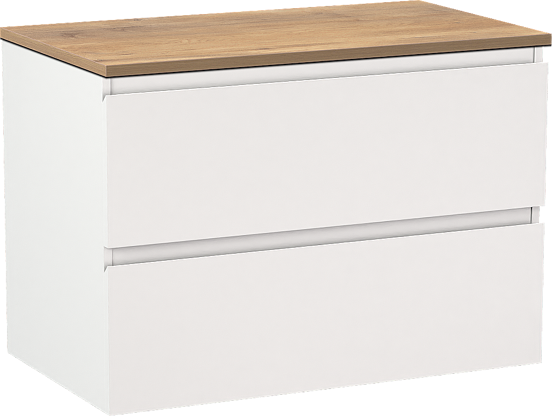 Linie Lado zwevend badmeubel 80 x 46 cm mat wit met Lado enkel wastafelblad in melamine naturel eiken