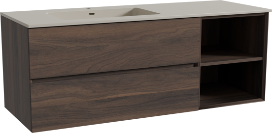 Storke Edge meuble salle de bains suspendu 140 x 52 cm noyer avec Diva vasque asymétrique gauche en top solid soie grise
