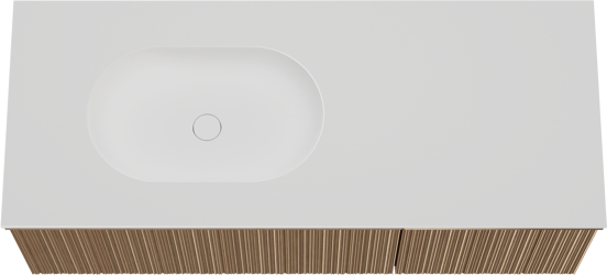 Balmani Forma meuble salle de bains suspendu 135 x 55 cm chêne naturel avec Tablo Oval vasque asymétrique gauche en solid surface blanc mat, Nervure circulaire asymétrique verticale