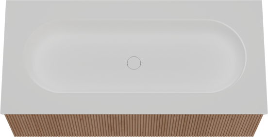 Balmani Forma zwevend badkamermeubel 120 x 55 cm natuur eik met Tablo Oval enkele wastafel voor 2 kraangaten in solid surface mat wit, Verticale symmetrische rechte ribbel