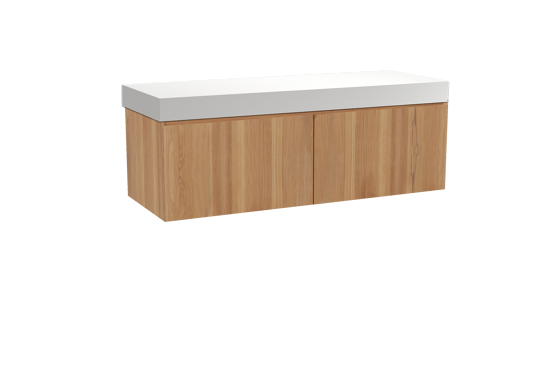 Balmani Idra zwevend badkamermeubel 150 x 55 cm teak met Dominus enkel of dubbel tablet in solid surface mat wit