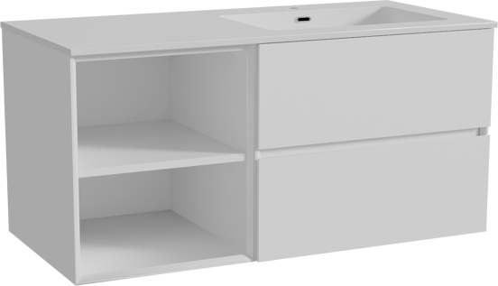 Storke Edge meuble salle de bains suspendu 110 x 52 cm blanc mat avec Diva plan vasque asymétrique à droite en marbre composite blanc brillant