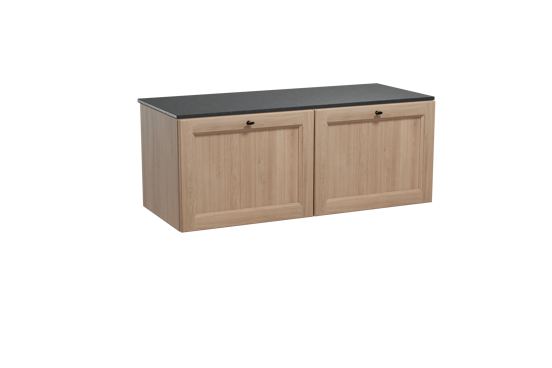 Balmani Lemon zwevend badkamermeubel 135 x 55 cm verweerde eik met Stretto enkel of dubbel tablet in graniet zwart
