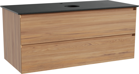 Balmani Mitra hängendes Möbelstück Set: 120 x 55 cm, Teak, mit Facetta Einzel Waschtischplatte, Schwarzes Granit