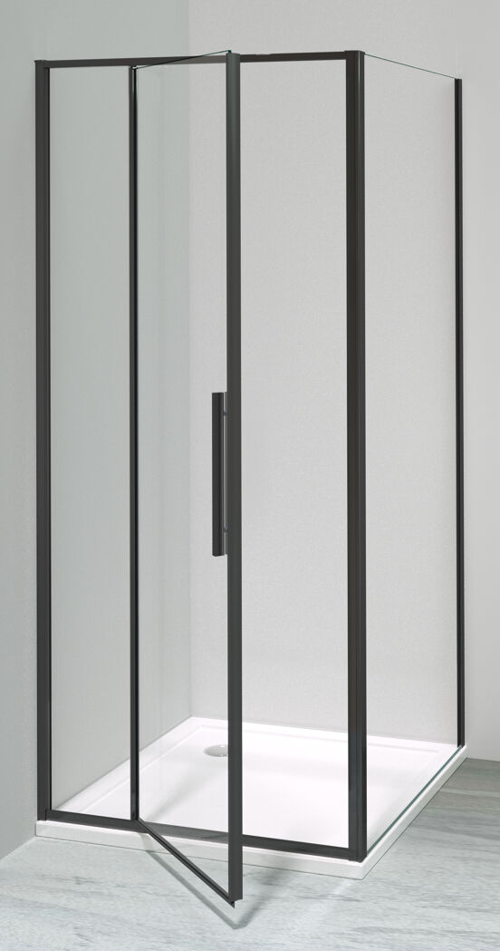 Luca Varess Morano paroi d'angle avec porte pivotante avec 2 panneaux latéraux fixes 90 x 90 cm verre transparent profil noir mat
