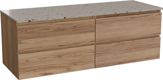 Balmani Lucida meuble salle de bains suspendu 150 x 55 cm teck avec Stretto tablette simple ou double en terrazzo greige terrazzo