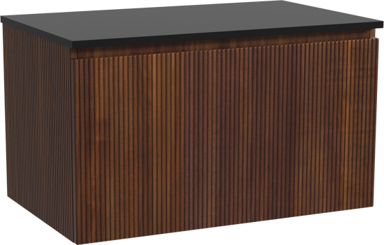 Storke Ribs zwevend badkamermeubel 85 x 52 cm notelaar met Panton enkel tablet in gepoedercoate mdf mat zwart, Verticale symmetrische rechte ribbel