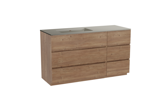 Storke Edge meuble salle de bains à poser 140 x 52 cm chêne brut avec Diva vasque asymétrique gauche en top solid soie grise